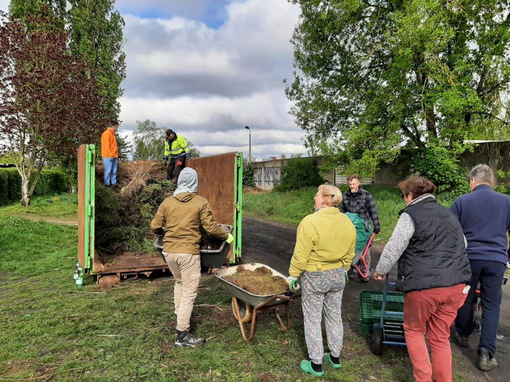 Grünabfall-Aktion in der Kleingartenanlage Biesenhorst II. Man sieht mehrere Menschen mit Schubkarren, die vor einem Container stehen. Der Container ist gefüllt mit Grünabfall. Zwei Personen stehen auf dem Grünabfall im Container.
